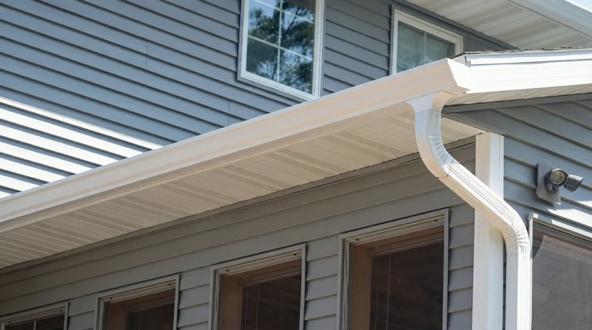 Professional home remodeling project showing newly installed white seamless gutters and downspouts on a house with gray siding in Peoria, IL