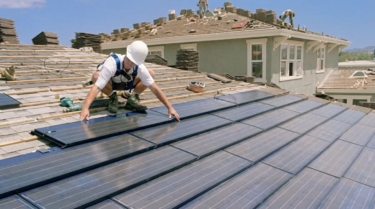 Roof replacement expert installing modern solar shingles on a residential home in Peoria, IL