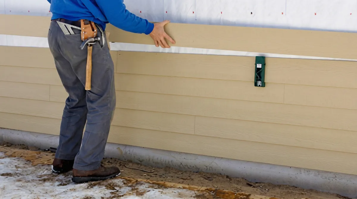 Siding replacement expert carefully aligning a new tan siding panel onto a residential exterior wall in Peoria, IL