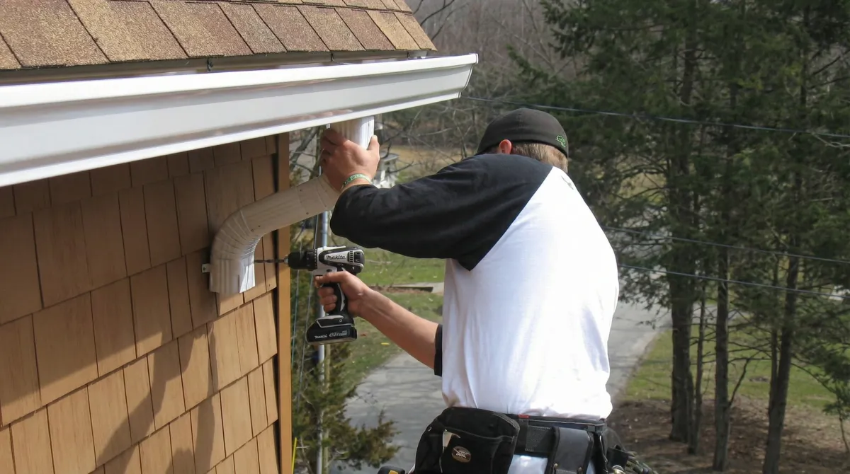 Professional contractor installing tan vinyl siding panels on a residential home exterior in Peoria, IL