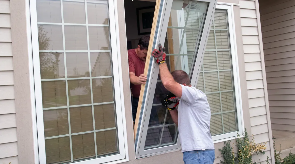 Professional home remodeling team installing a large replacement window on a house with tan siding in Peoria, IL